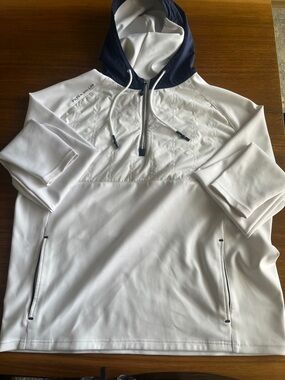 Men’s Peter Millar White Hooded Pullover with Navy Trim